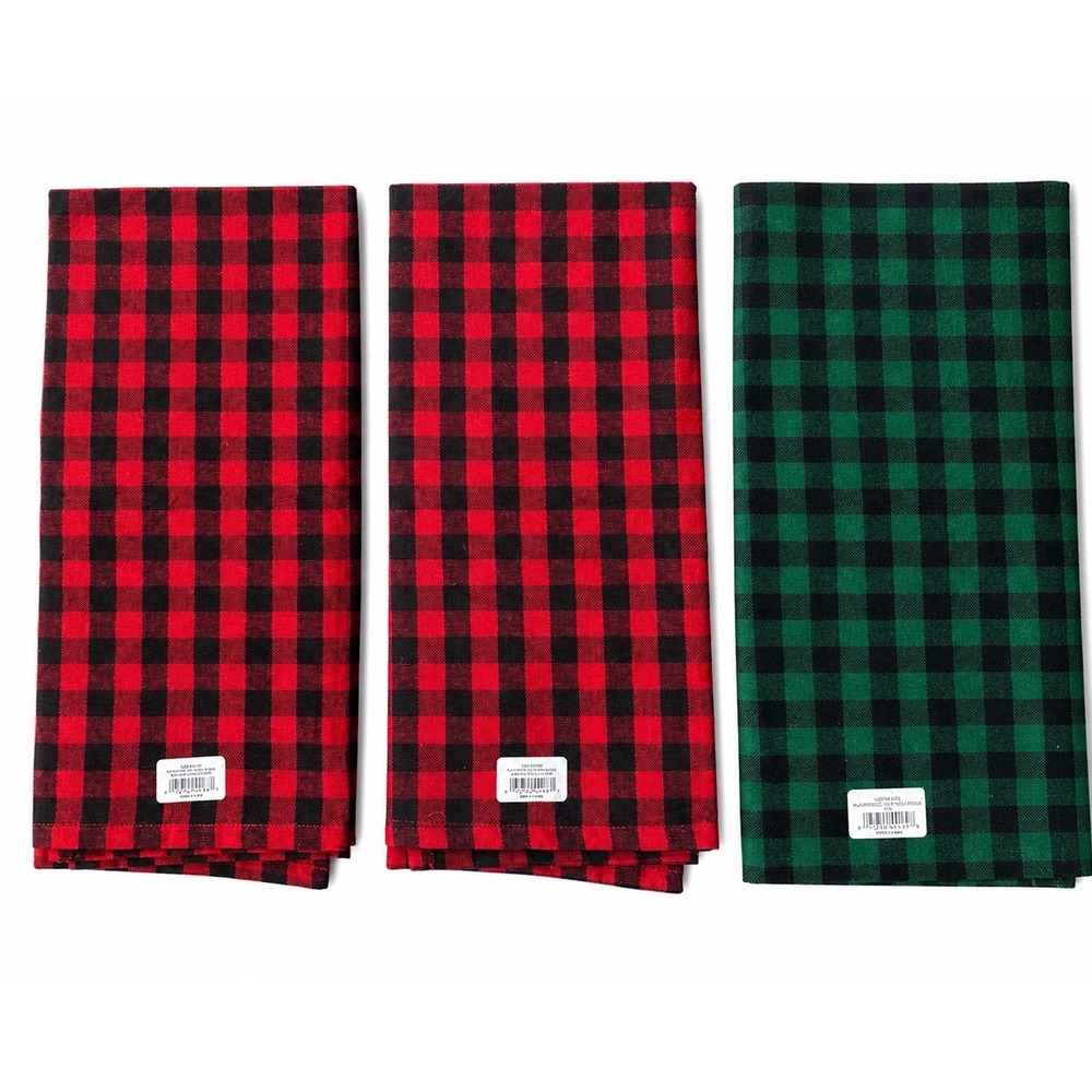 Set of 3 Buffalo Check Tea Towels Red Green Black Plaid Cotton 28x19 CSPC44168